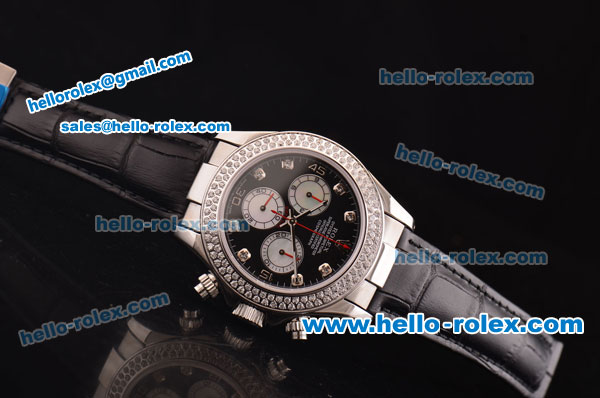 Rolex Daytona Swiss Valjoux 7750-SHG Automatic Double Row Diamond Bezel - Black Dial and Black Leather Strap - Click Image to Close